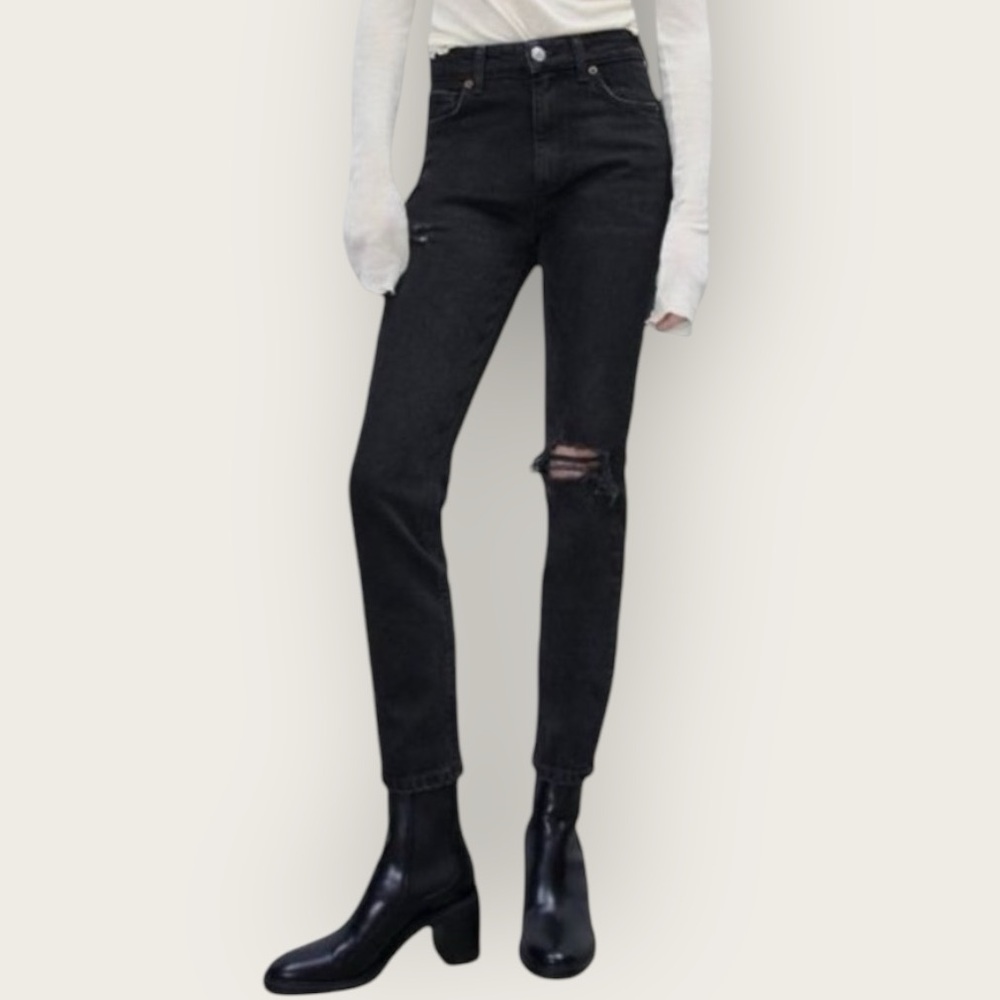 Zara High-Rise Black Distressed Straight Jeans
